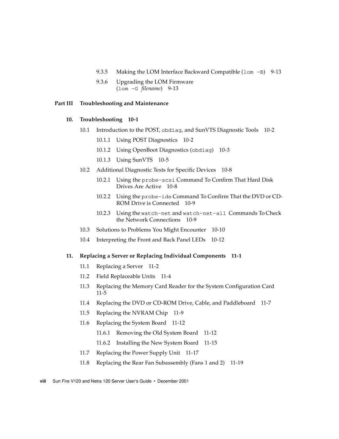 Sun Microsystems V120 Part III Troubleshooting and Maintenance, Replacing a Server or Replacing Individual Components 