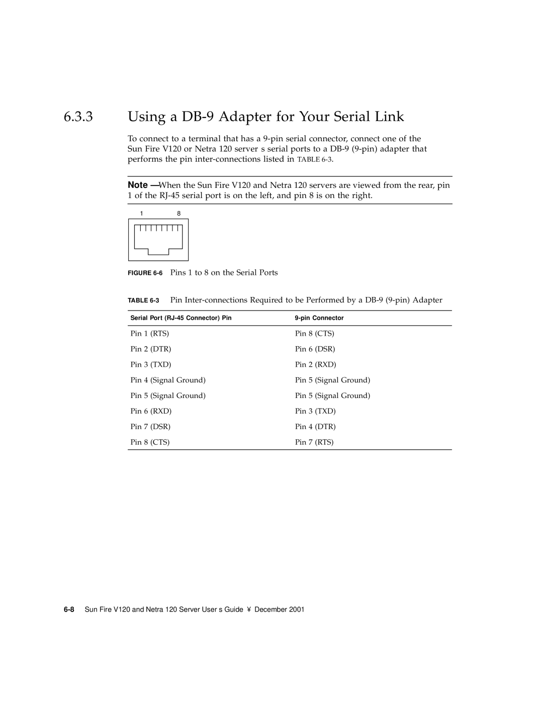 Sun Microsystems V120 manual Using a DB-9 Adapter for Your Serial Link 