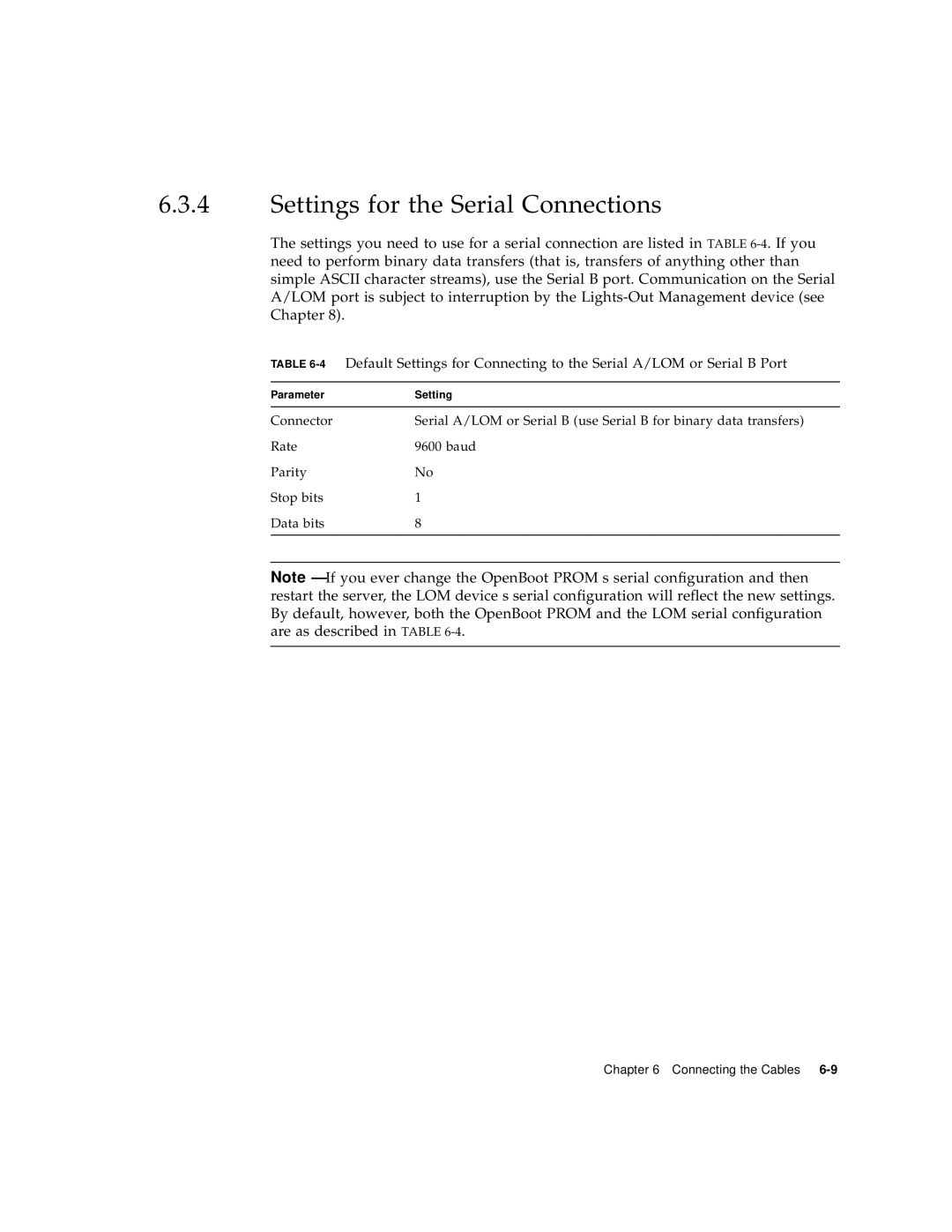 Sun Microsystems V120 manual Settings for the Serial Connections 