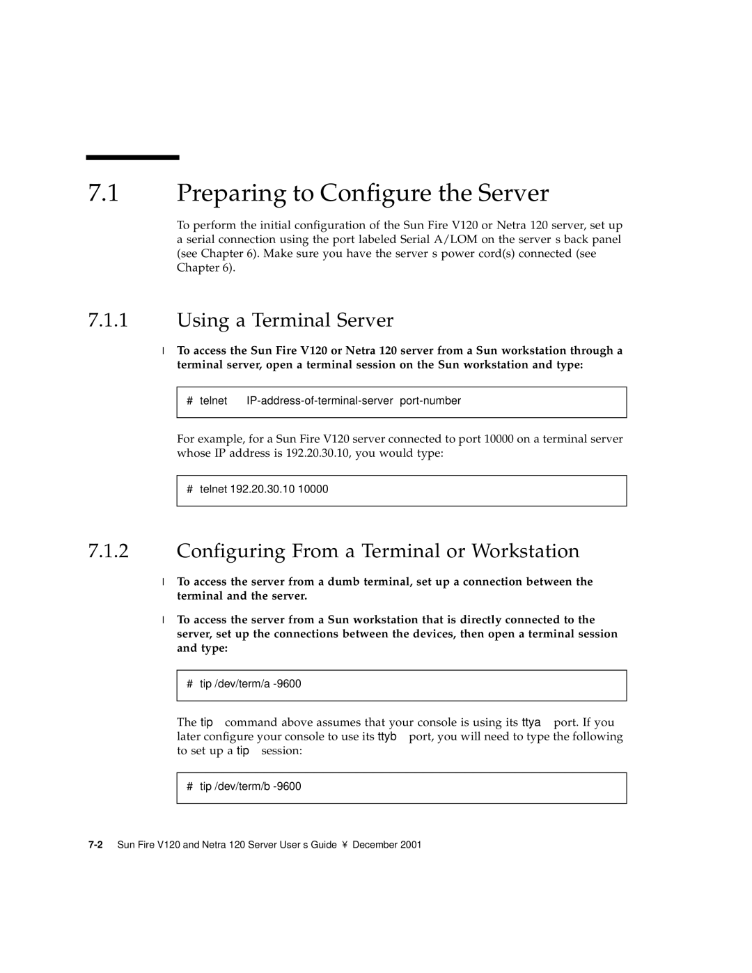 Sun Microsystems V120 manual Preparing to Configure the Server, Using a Terminal Server 