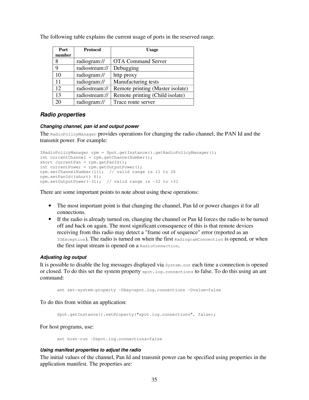 Sun Microsystems V2.0 manual Radio properties 