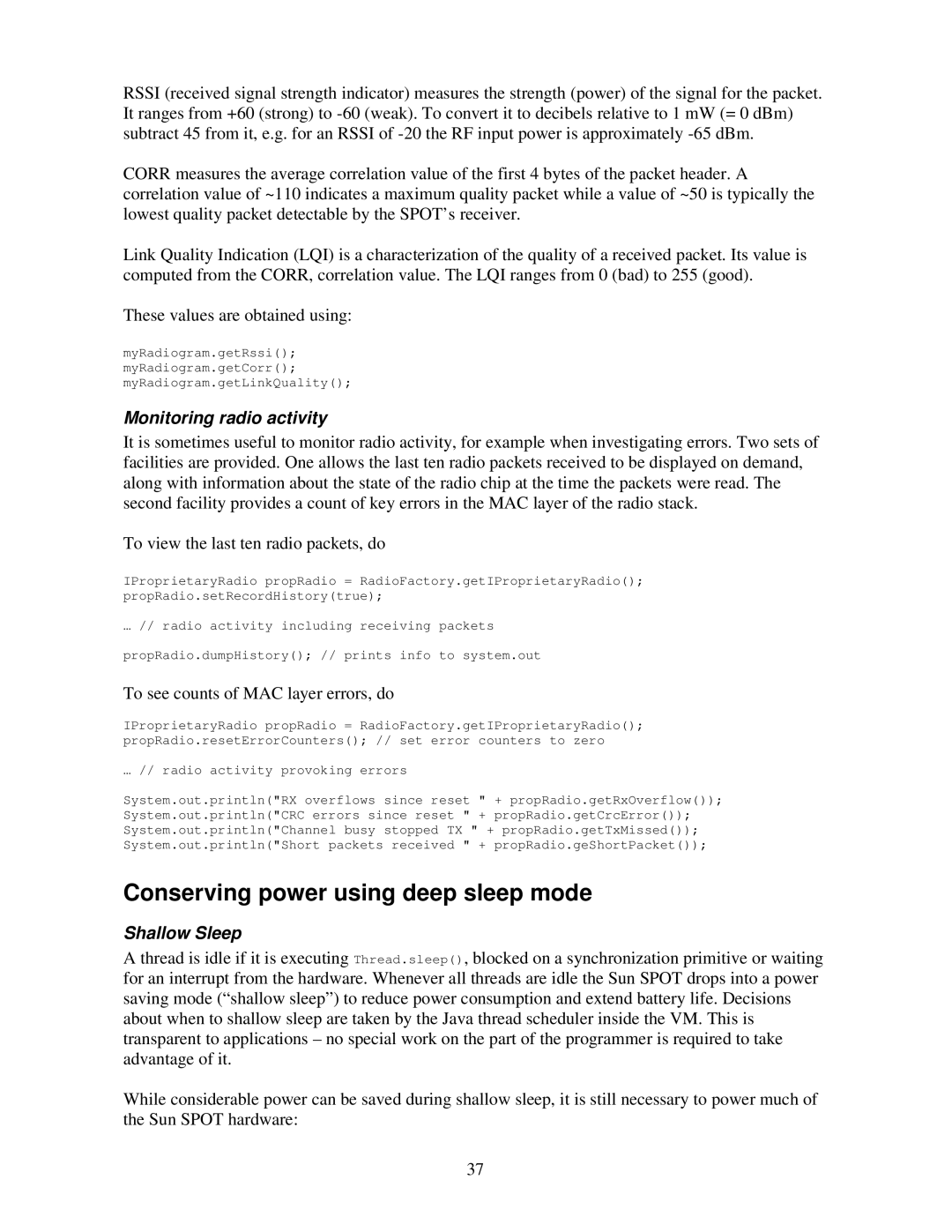 Sun Microsystems V2.0 manual Conserving power using deep sleep mode, Monitoring radio activity, Shallow Sleep 