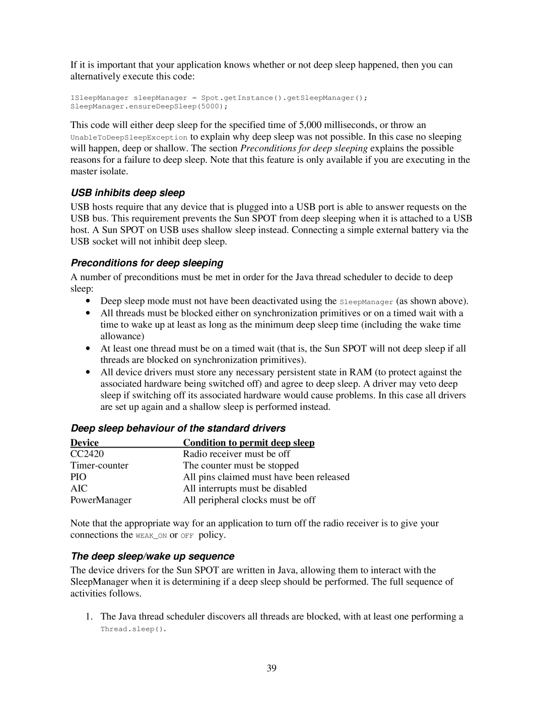 Sun Microsystems V2.0 USB inhibits deep sleep, Preconditions for deep sleeping, Device Condition to permit deep sleep 