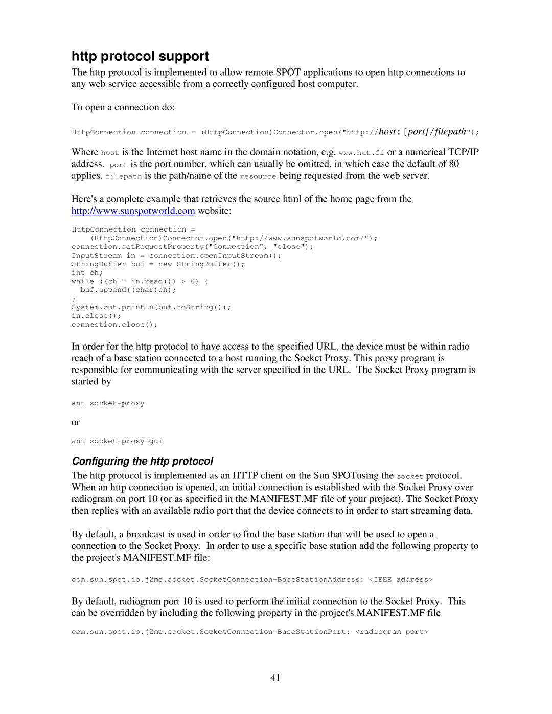 Sun Microsystems V2.0 manual Http protocol support, Configuring the http protocol 