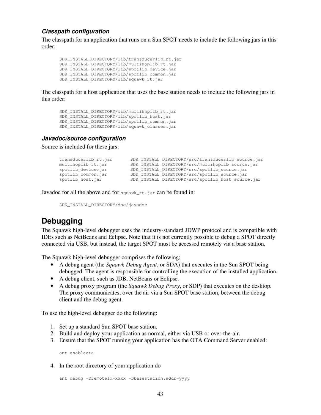 Sun Microsystems V2.0 manual Debugging, Classpath configuration, Javadoc/source configuration 