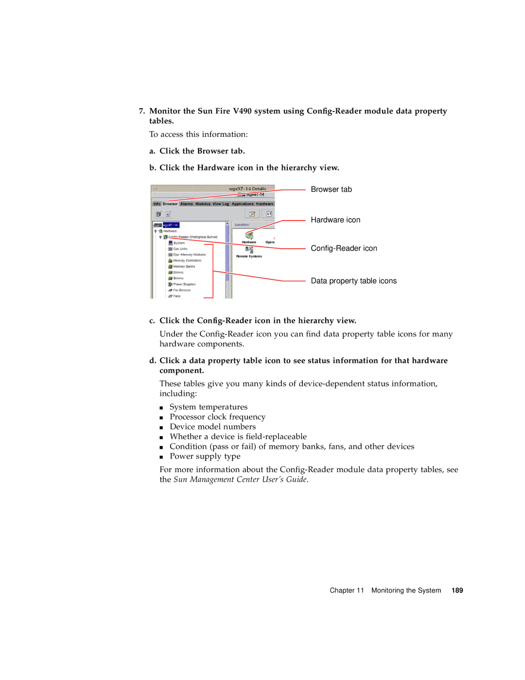 Sun Microsystems V490 manual Click the Config-Reader icon in the hierarchy view 