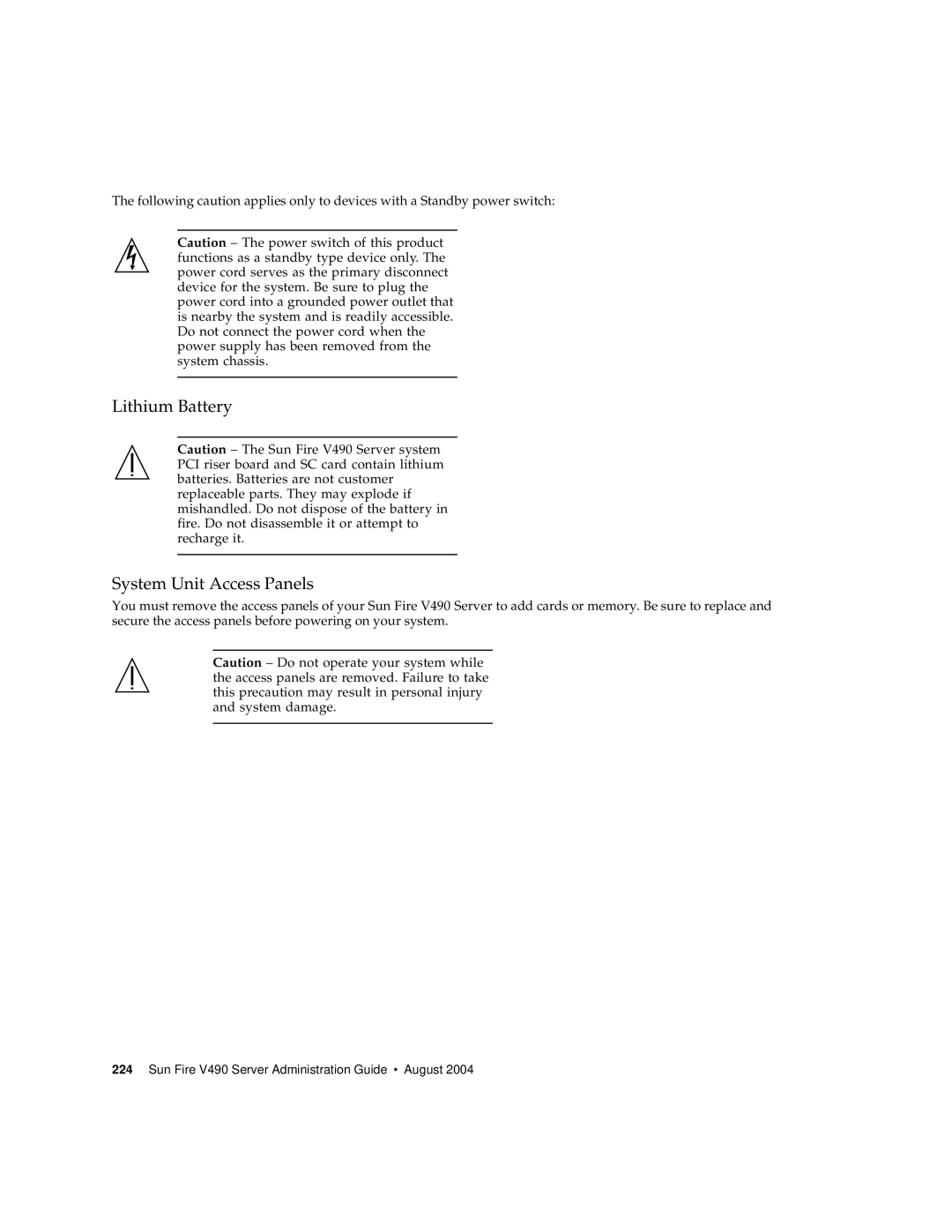 Sun Microsystems V490 manual Lithium Battery System Unit Access Panels 
