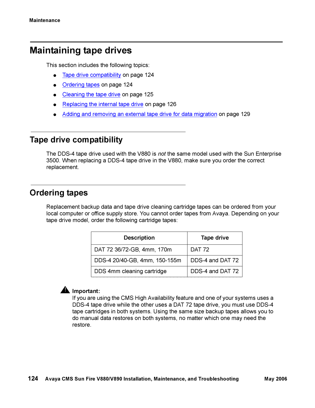 Sun Microsystems V890, V880 manual Maintaining tape drives, Tape drive compatibility, Ordering tapes, Description Tape drive 