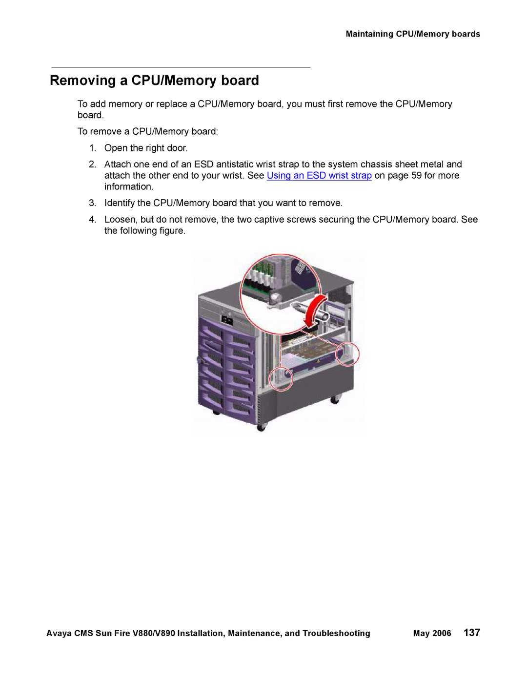 Sun Microsystems V880, V890 manual Removing a CPU/Memory board 