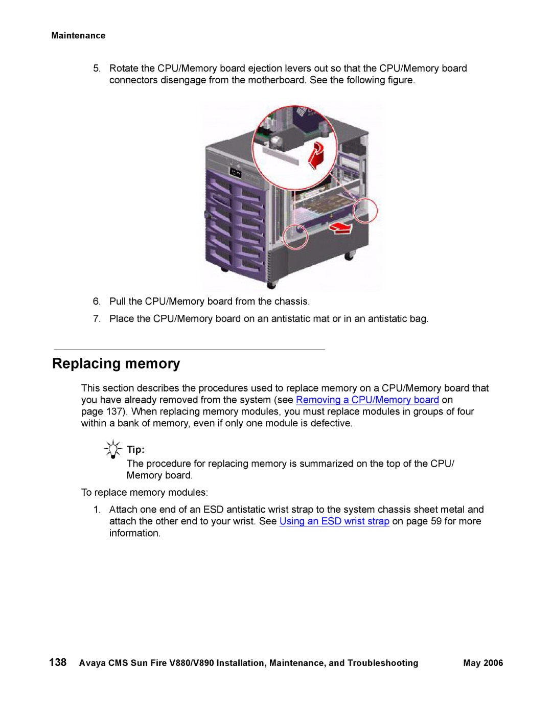 Sun Microsystems V890, V880 manual Replacing memory, Tip 