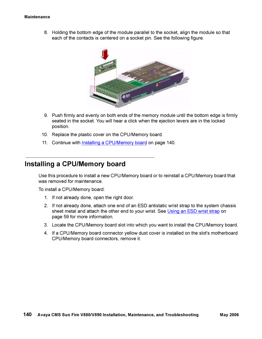 Sun Microsystems V890, V880 manual Installing a CPU/Memory board 