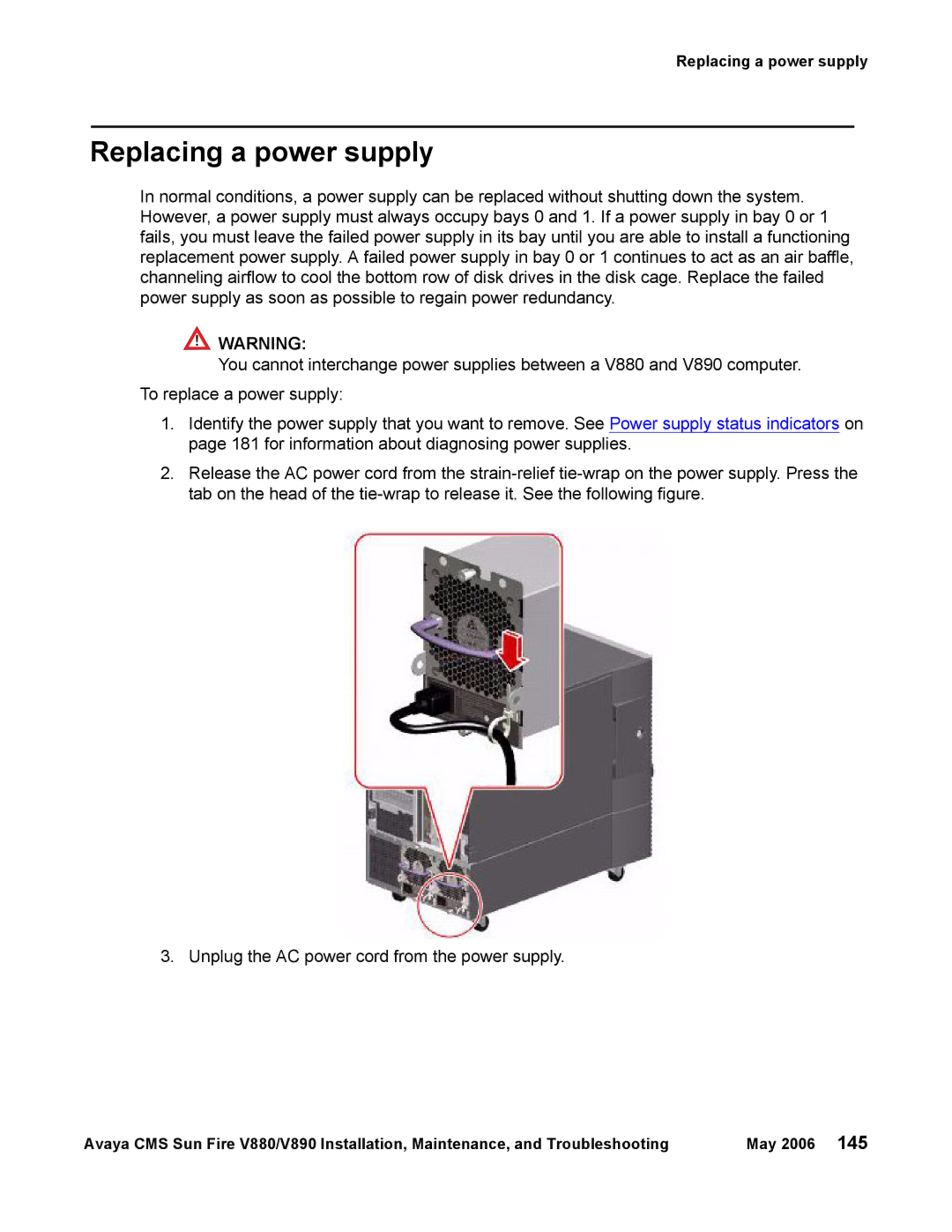 Sun Microsystems V880, V890 manual Replacing a power supply 