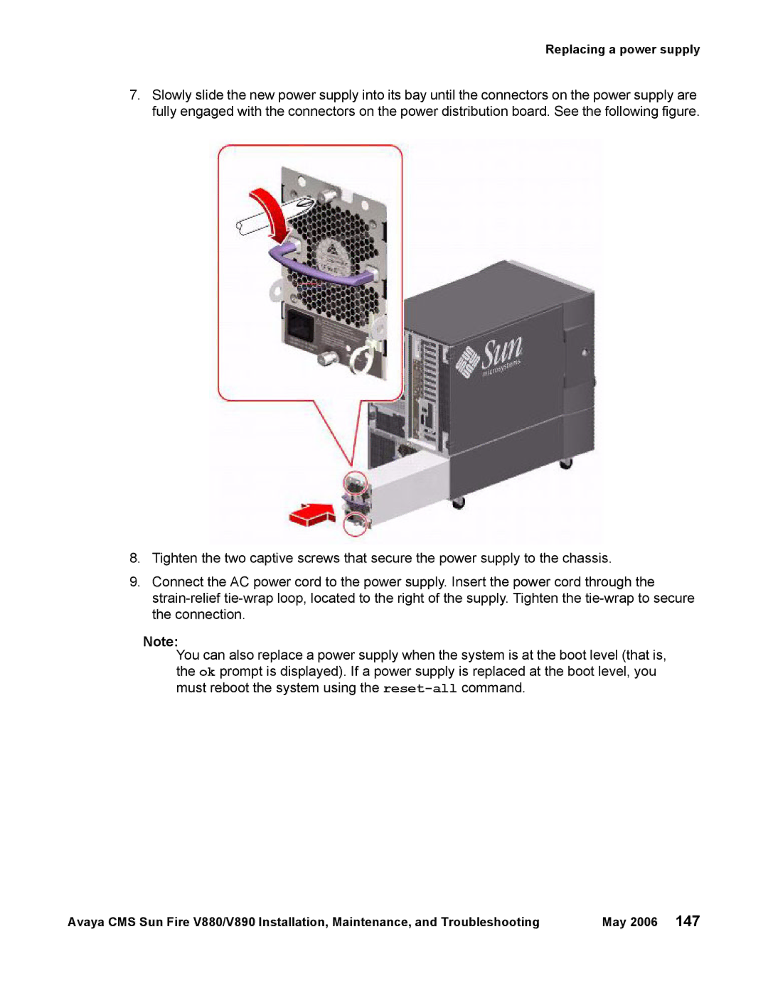 Sun Microsystems V880, V890 manual Replacing a power supply 