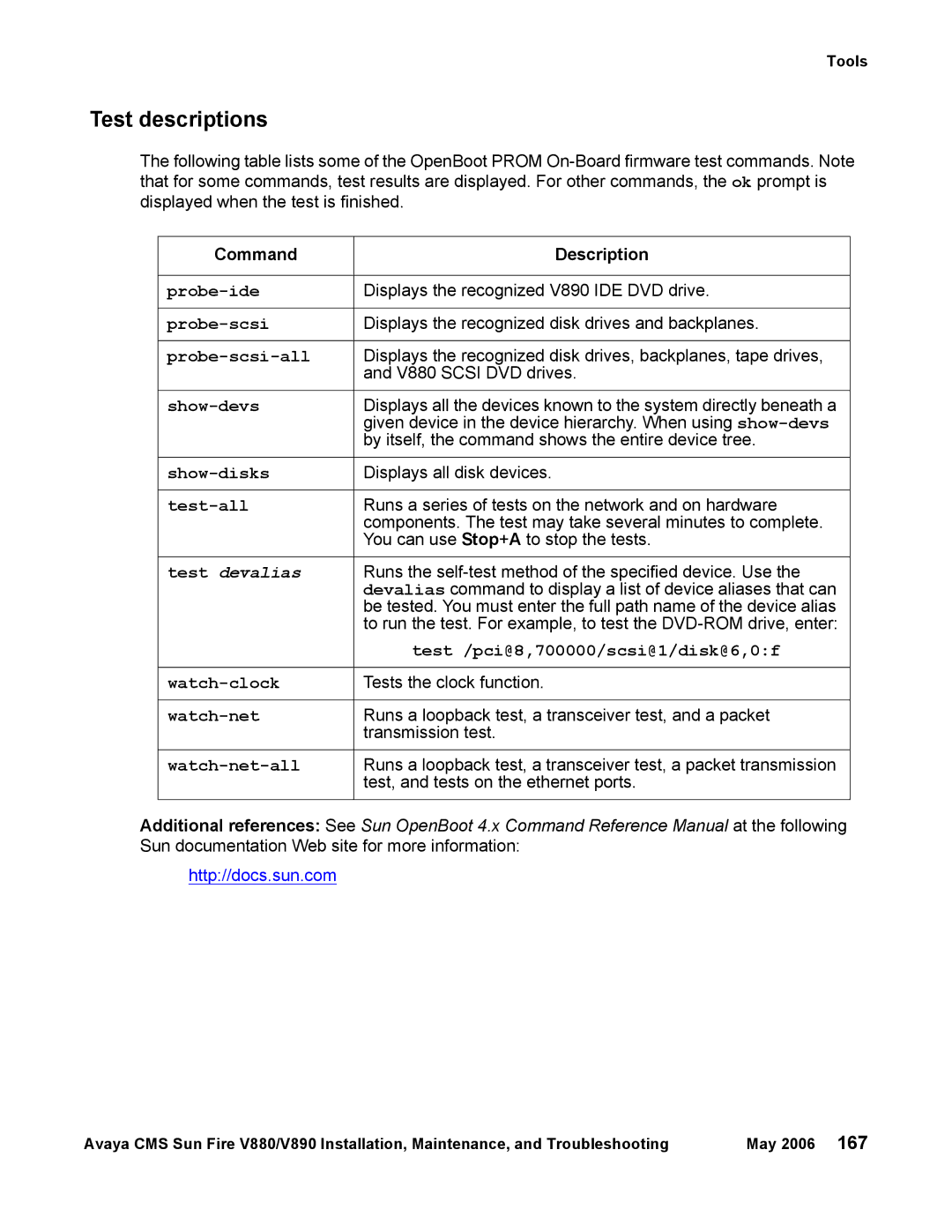 Sun Microsystems V880, V890 manual Test descriptions 