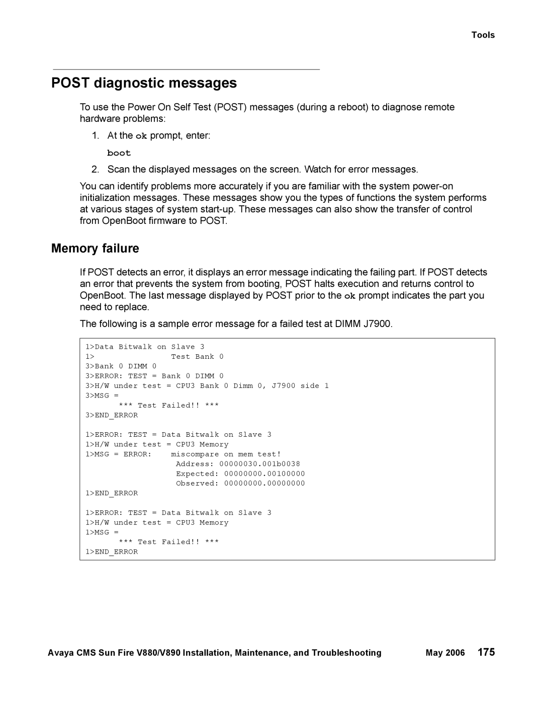 Sun Microsystems V880, V890 manual Post diagnostic messages, Memory failure 