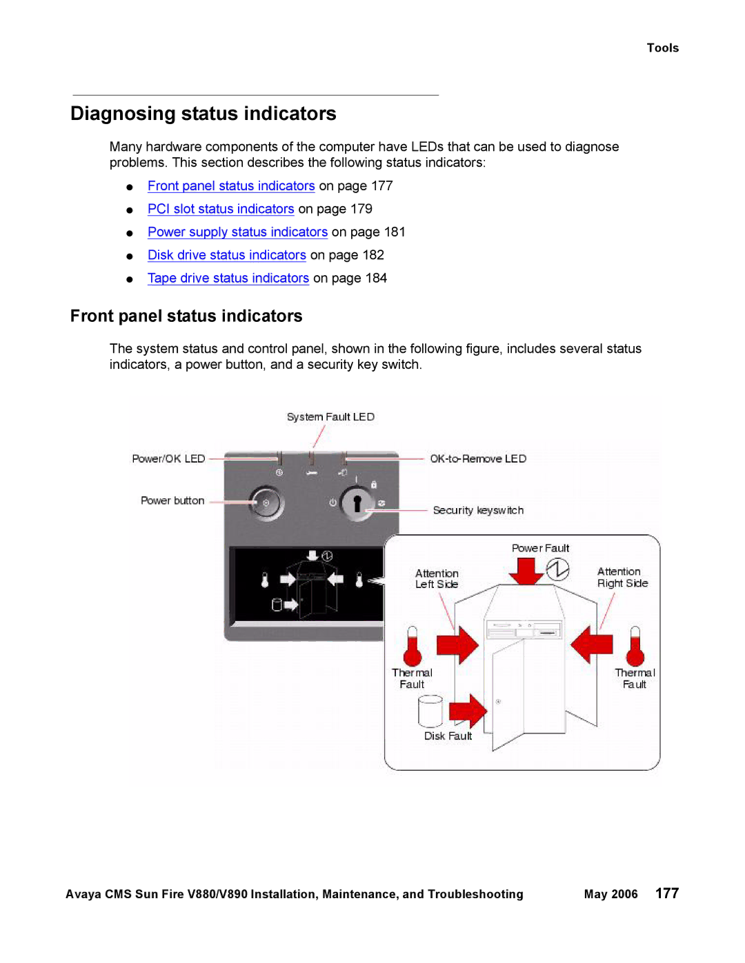 Sun Microsystems V880, V890 manual Diagnosing status indicators, Front panel status indicators 