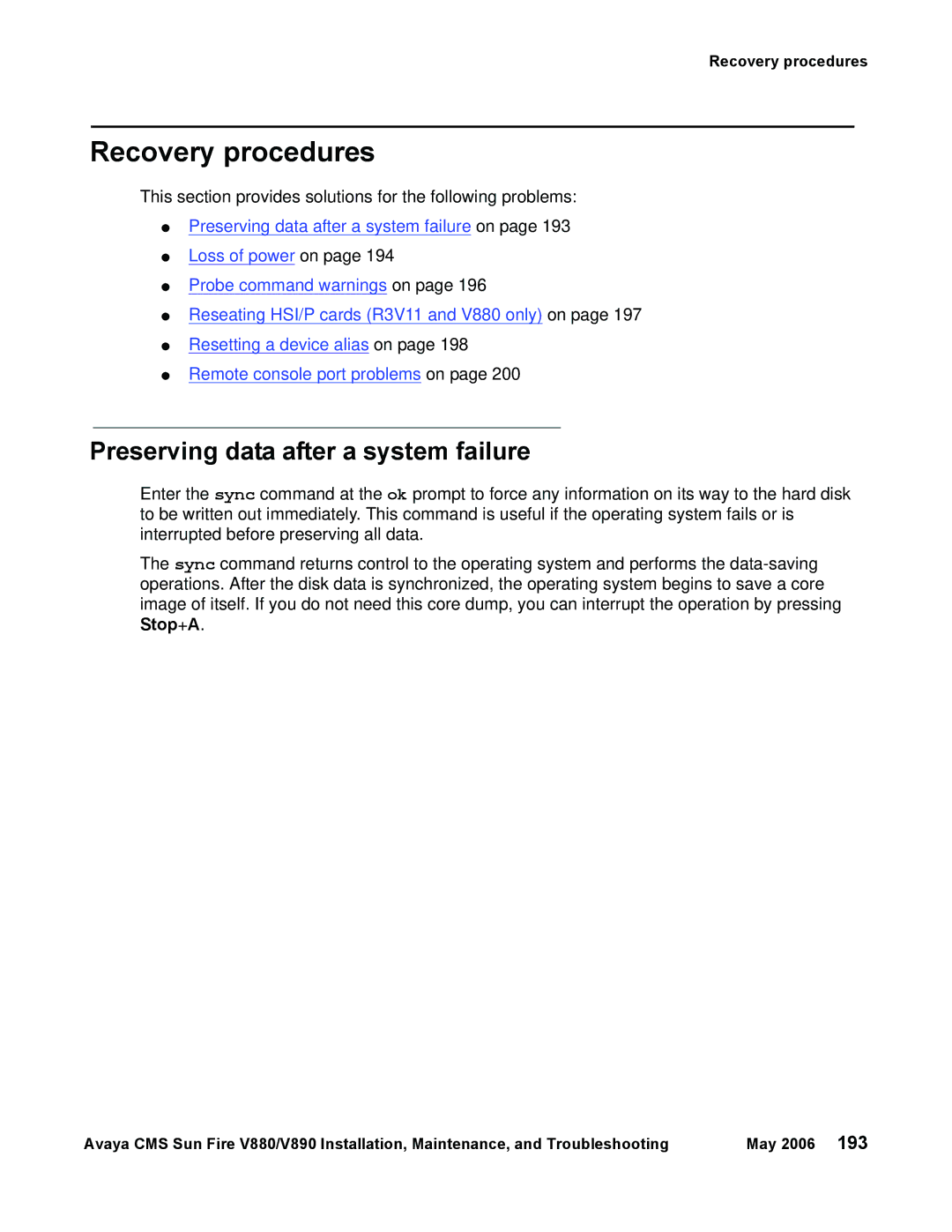 Sun Microsystems V880, V890 manual Recovery procedures, Preserving data after a system failure 