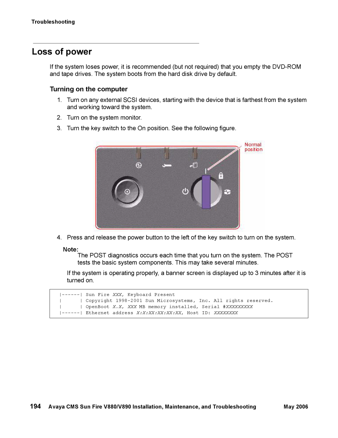 Sun Microsystems V890, V880 manual Loss of power, Turning on the computer 