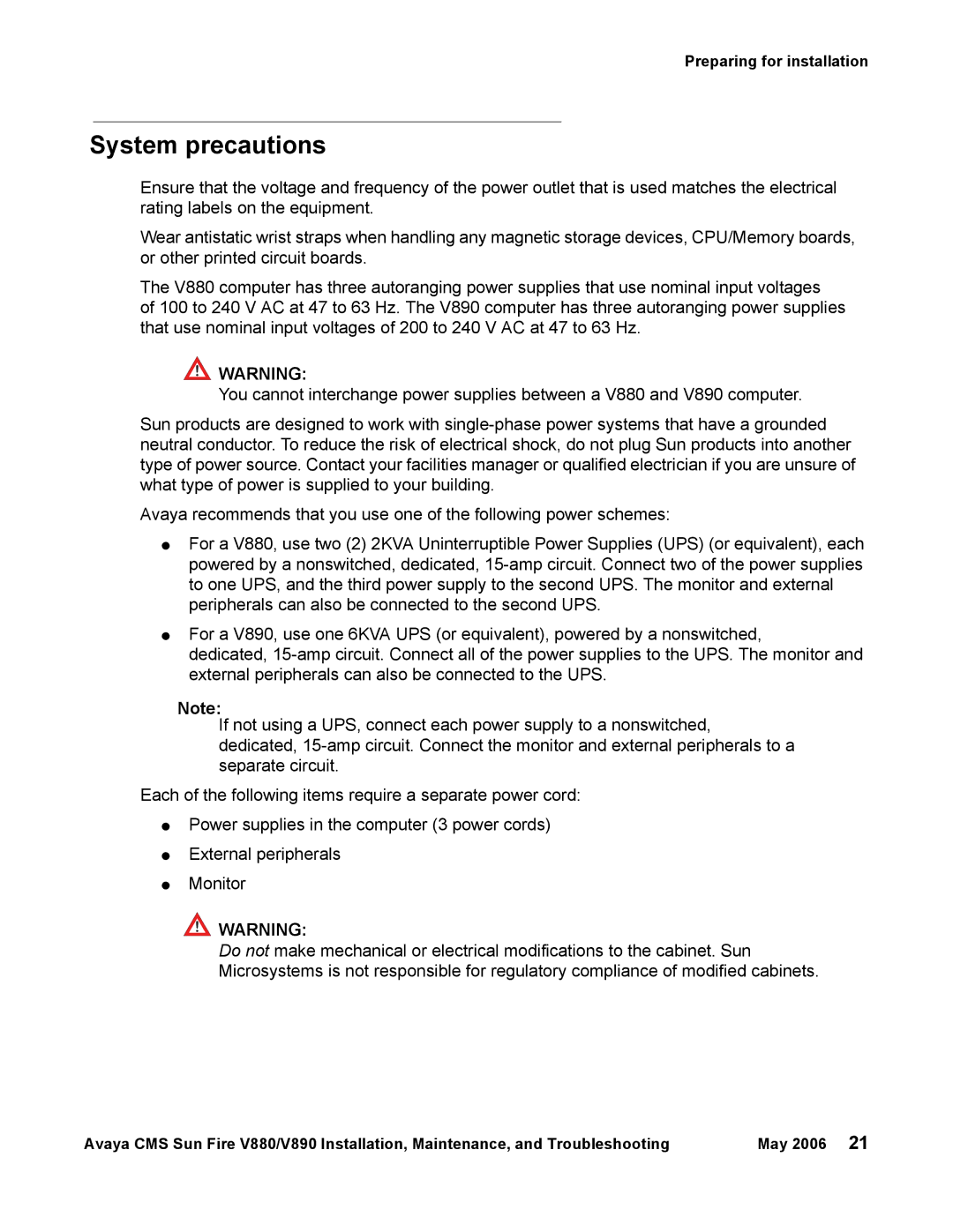 Sun Microsystems V880, V890 manual System precautions 