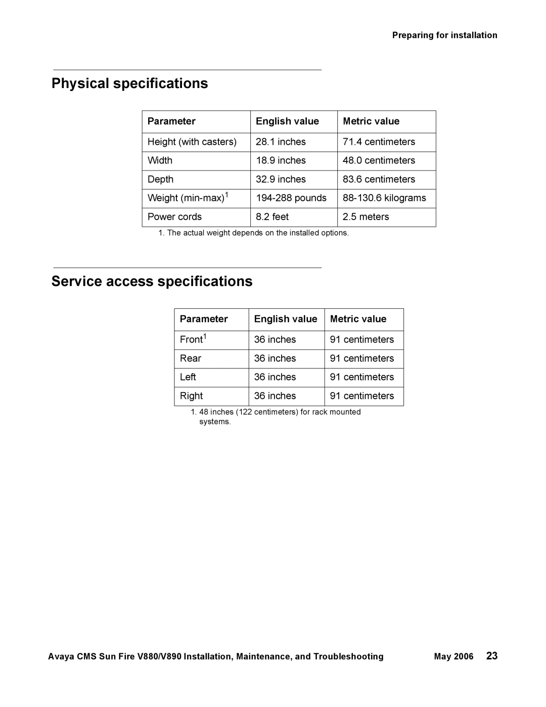 Sun Microsystems V880, V890 Physical specifications, Service access specifications, Parameter English value Metric value 