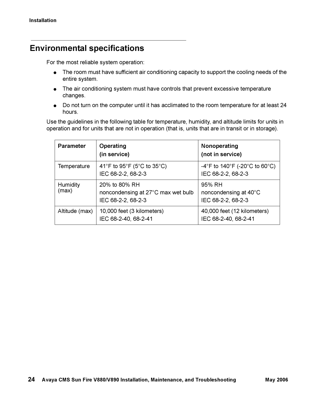 Sun Microsystems V890, V880 manual Environmental specifications, Parameter Operating Nonoperating Service Not in service 