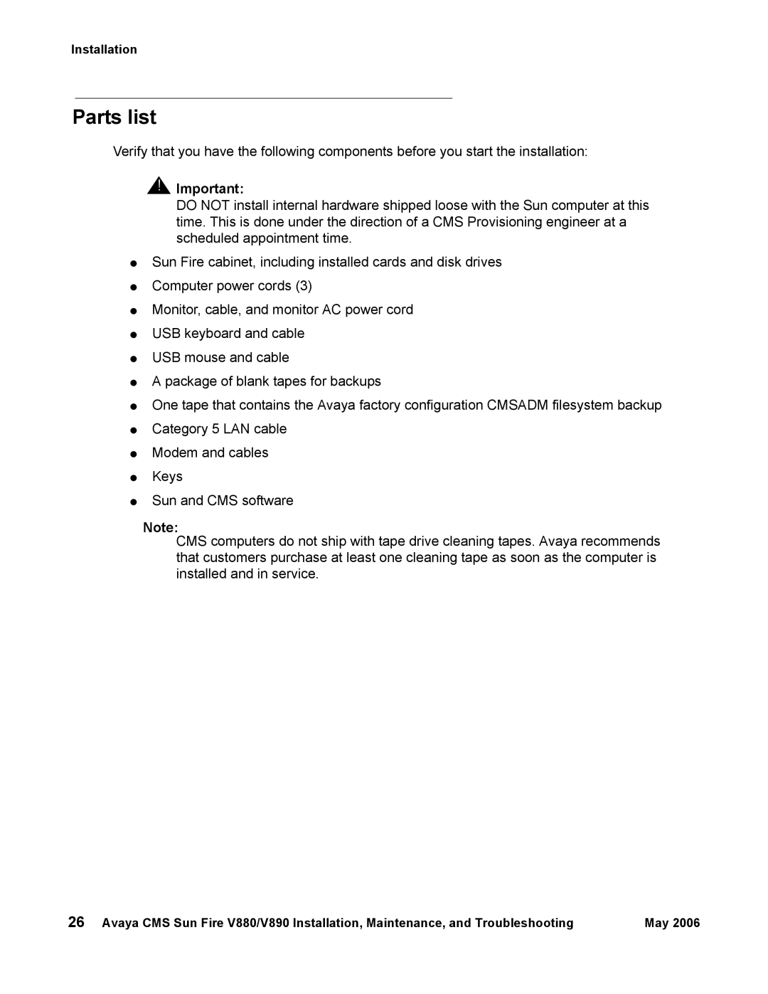 Sun Microsystems V890, V880 manual Parts list 