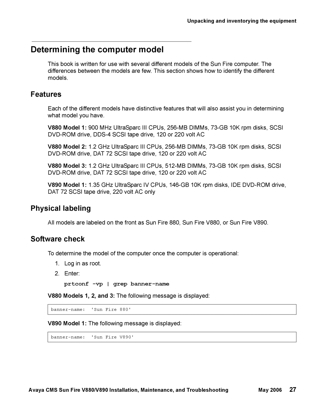 Sun Microsystems V880, V890 manual Determining the computer model, Features, Physical labeling, Software check 