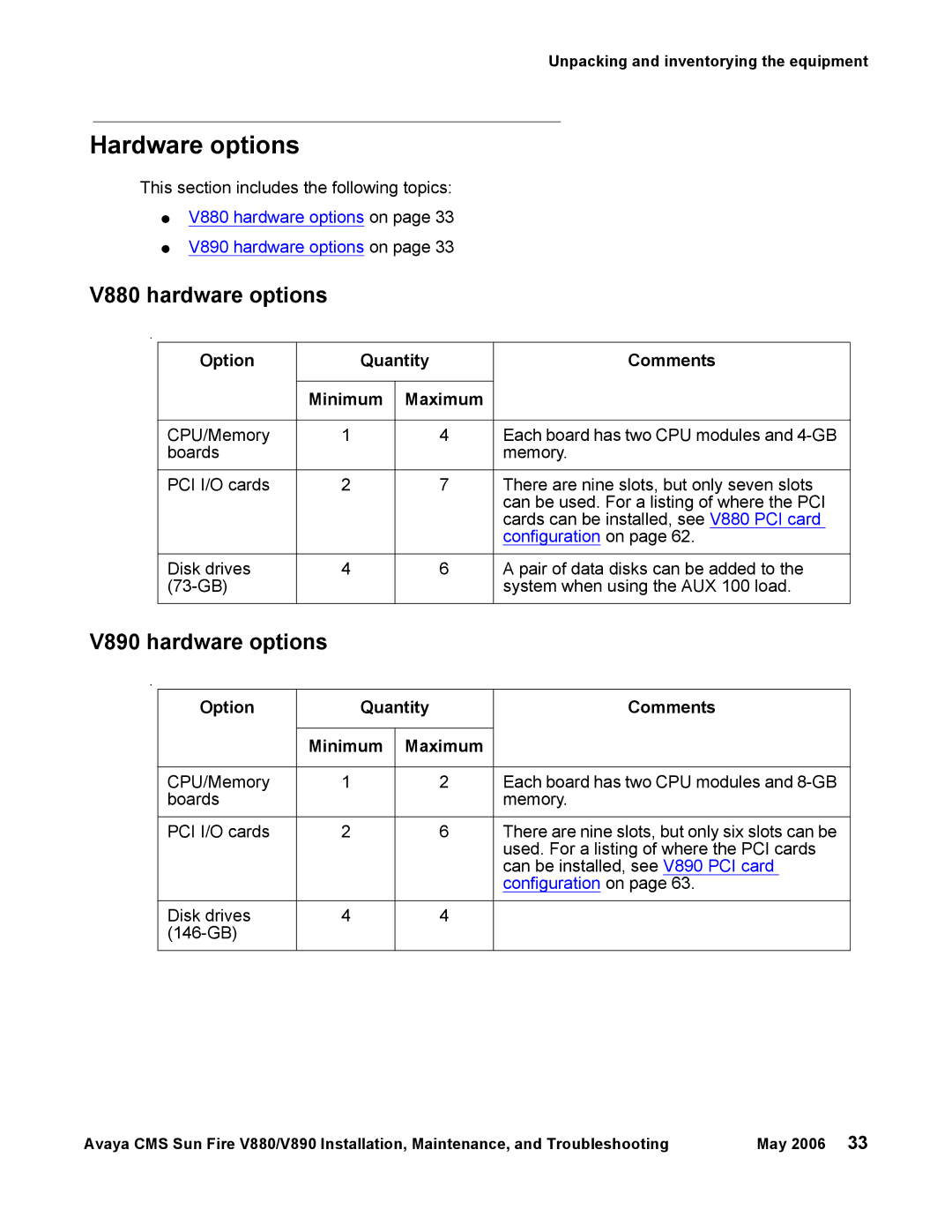 Sun Microsystems manual Hardware options, V880 hardware options, V890 hardware options, Disk drives 146-GB 