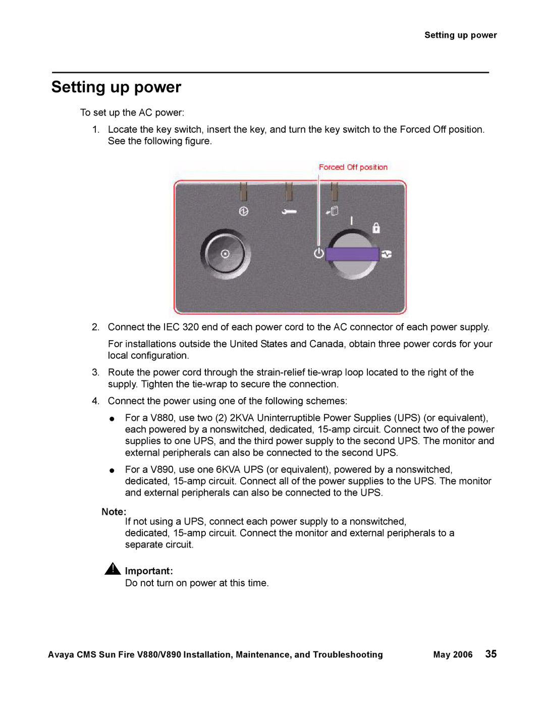 Sun Microsystems V880, V890 manual Setting up power 