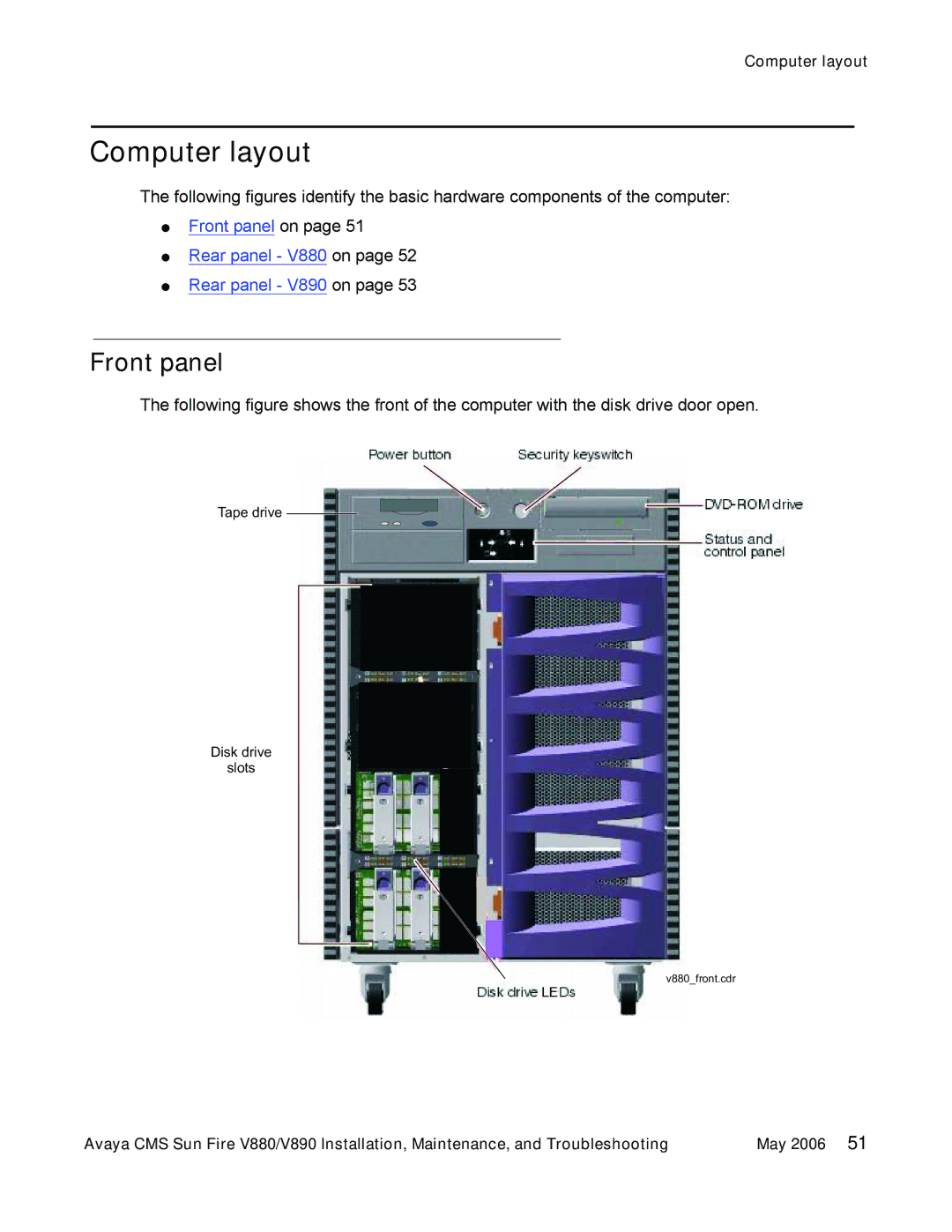 Sun Microsystems V880, V890 manual Computer layout, Front panel 