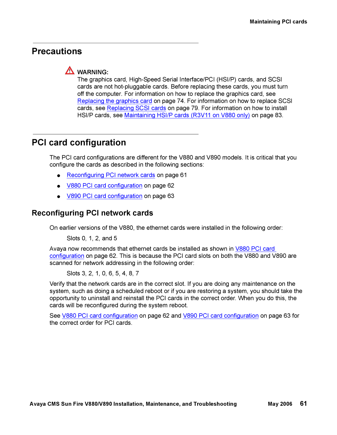 Sun Microsystems V880, V890 manual Precautions, PCI card configuration, Reconfiguring PCI network cards 