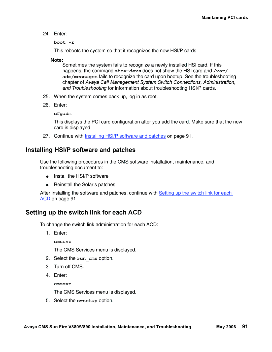 Sun Microsystems V880, V890 manual Installing HSI/P software and patches, Setting up the switch link for each ACD 