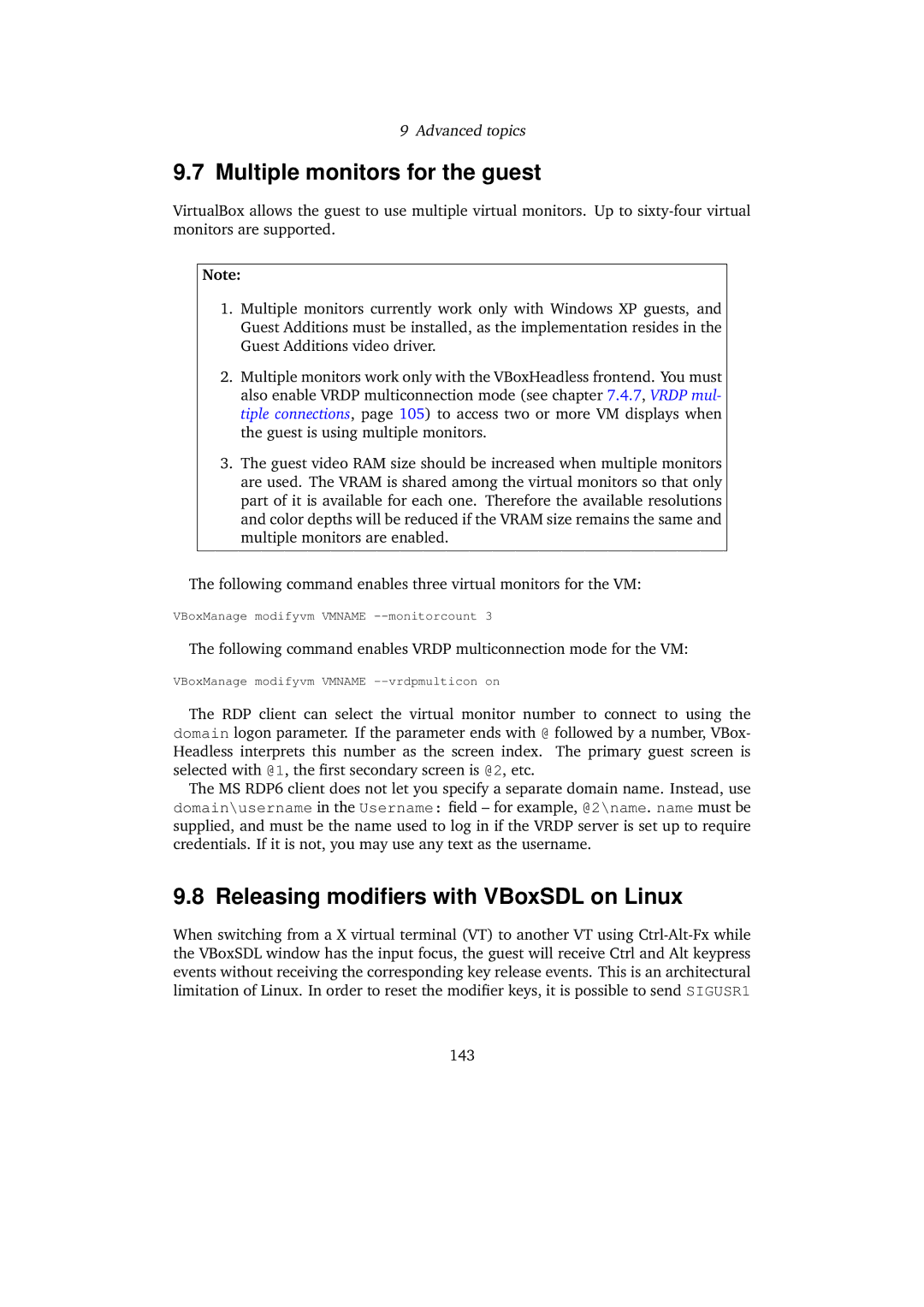 Sun Microsystems VERSION 3.1.0_BETA2 user manual Multiple monitors for the guest, Releasing modiﬁers with VBoxSDL on Linux 