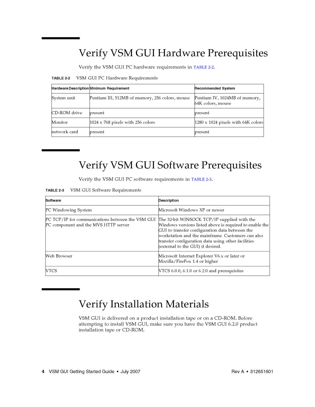 Sun Microsystems manual Verify VSM GUI Hardware Prerequisites, Verify VSM GUI Software Prerequisites 