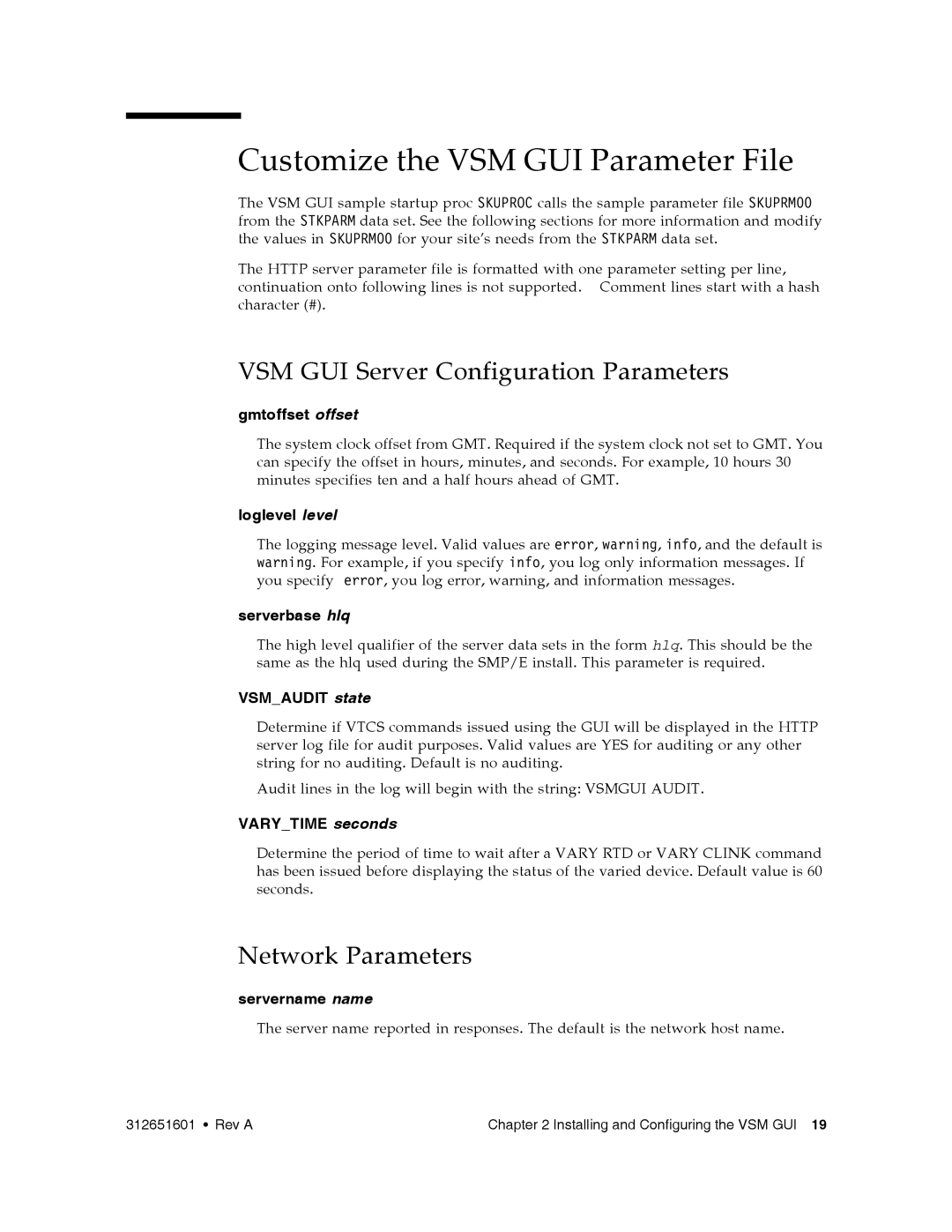 Sun Microsystems Customize the VSM GUI Parameter File, VSM GUI Server Configuration Parameters, Network Parameters 