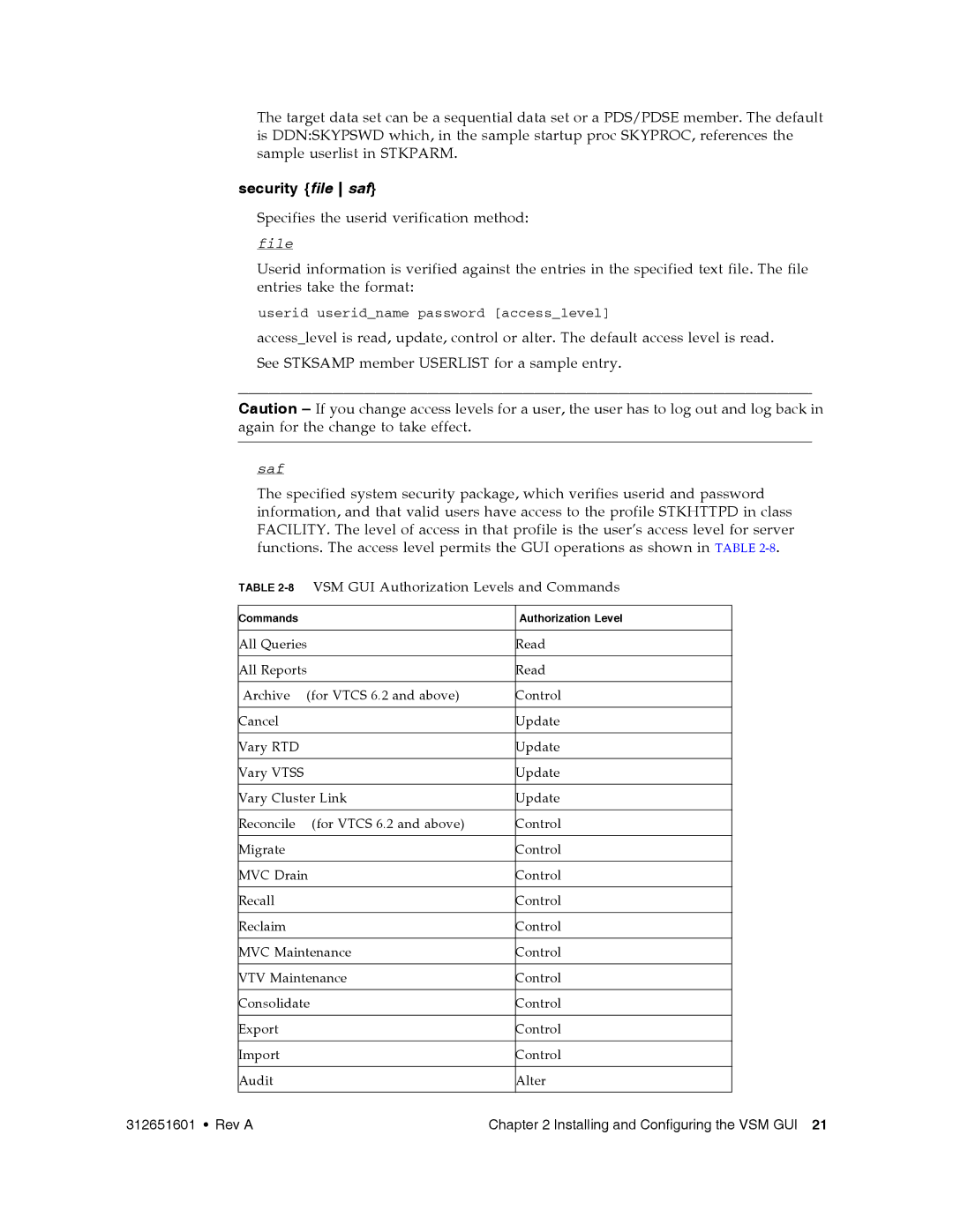 Sun Microsystems manual Security file saf, 8VSM GUI Authorization Levels and Commands 