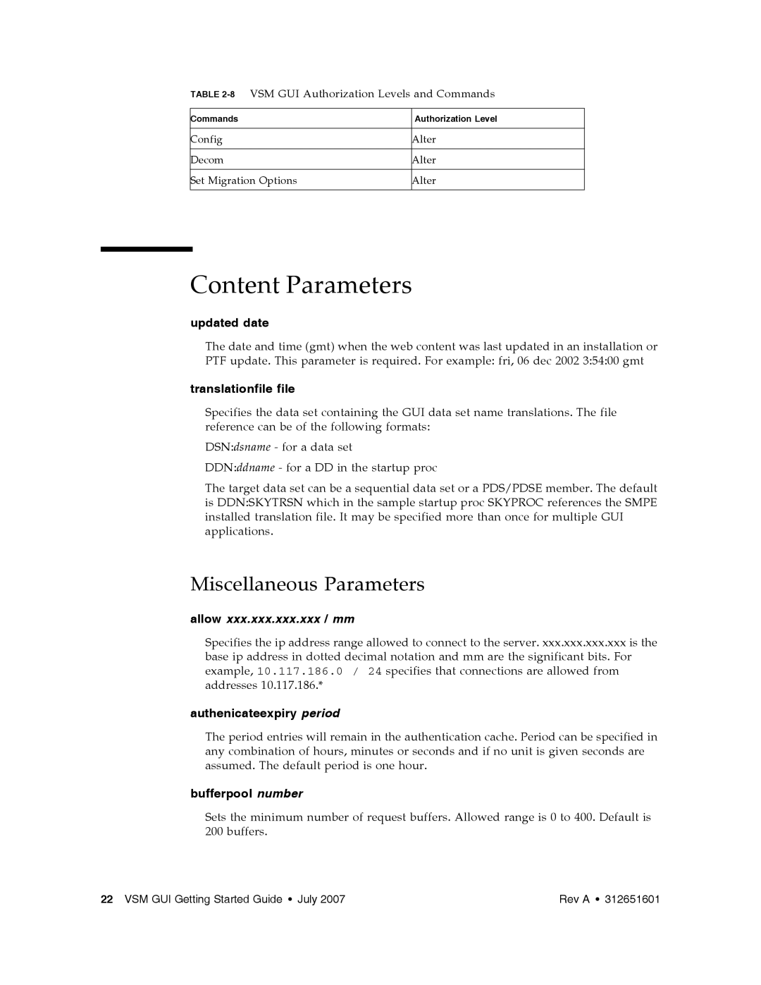 Sun Microsystems VSM GUI manual Content Parameters, Miscellaneous Parameters 