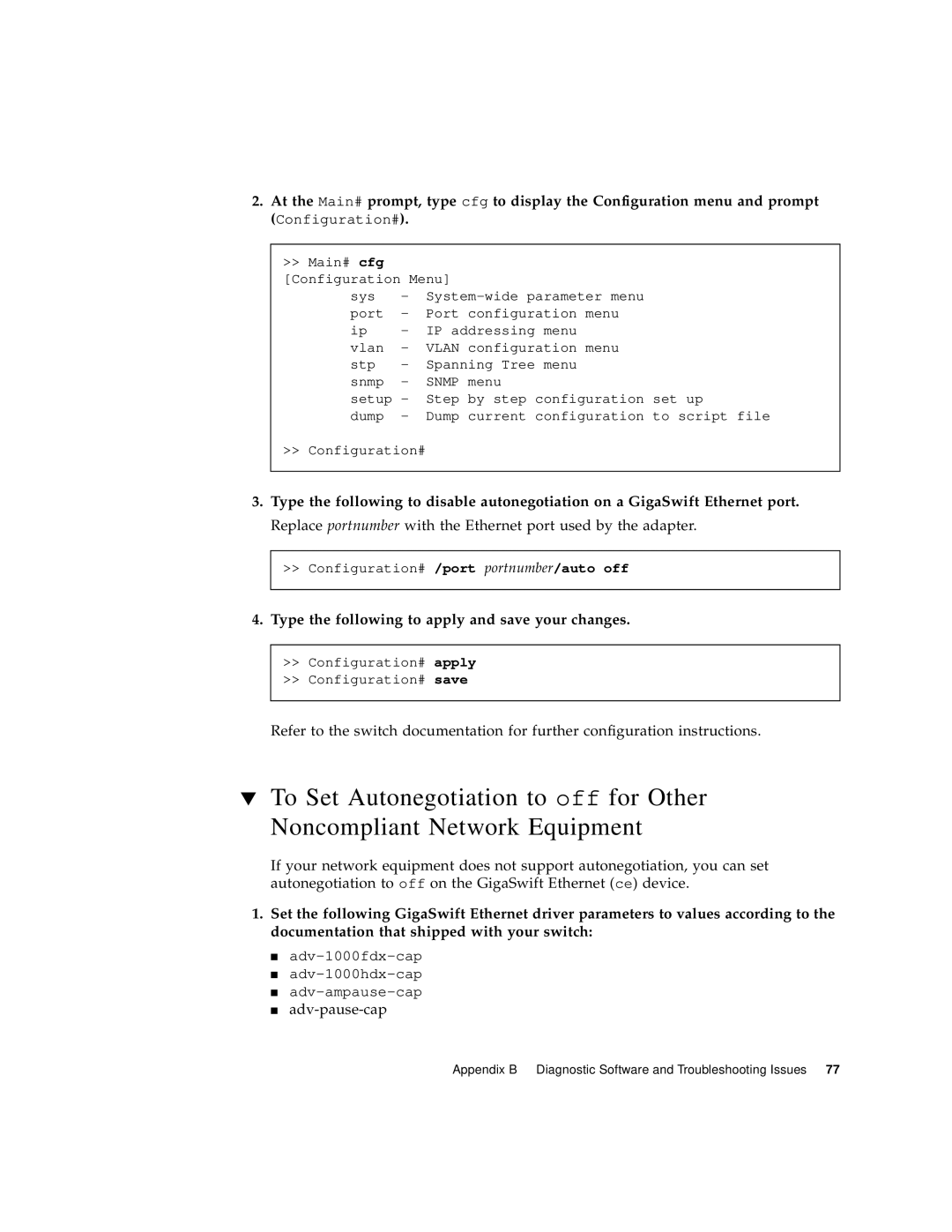 Sun Microsystems X1150A manual Type the following to apply and save your changes, Adv-pause-cap 