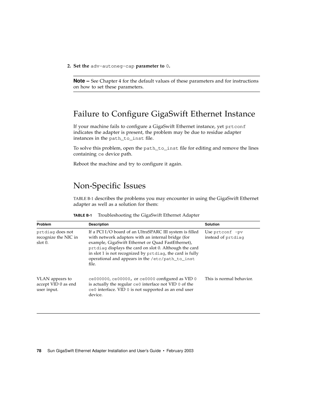 Sun Microsystems X1150A manual Failure to Configure GigaSwift Ethernet Instance, Non-Specific Issues 