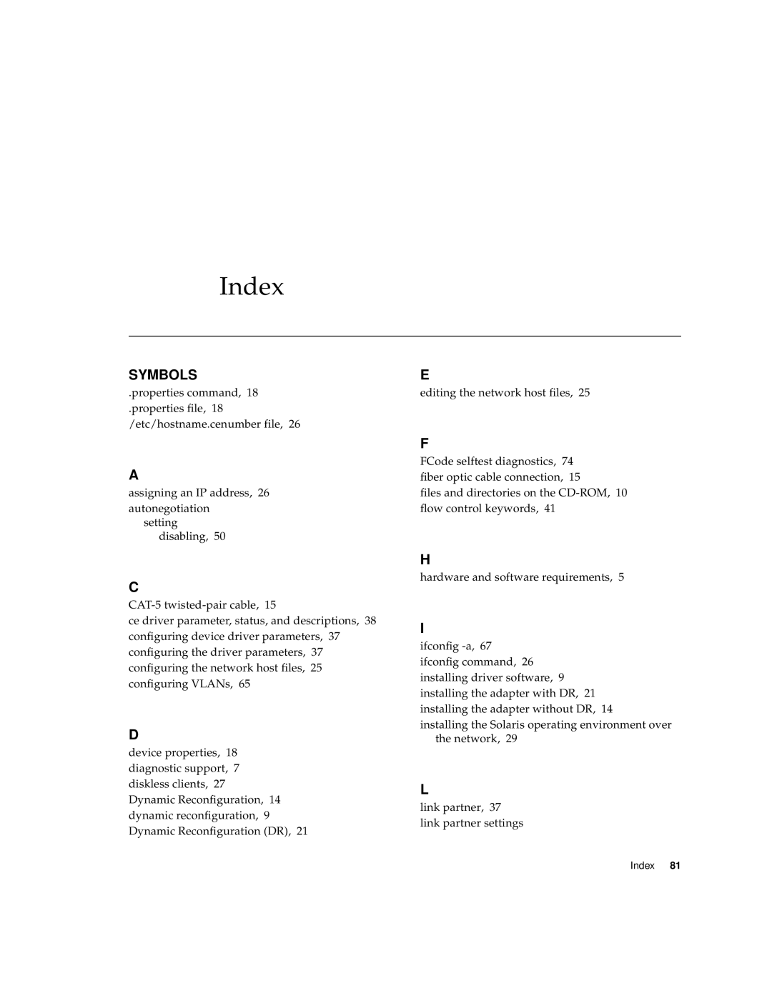 Sun Microsystems X1150A manual Index, Symbols 