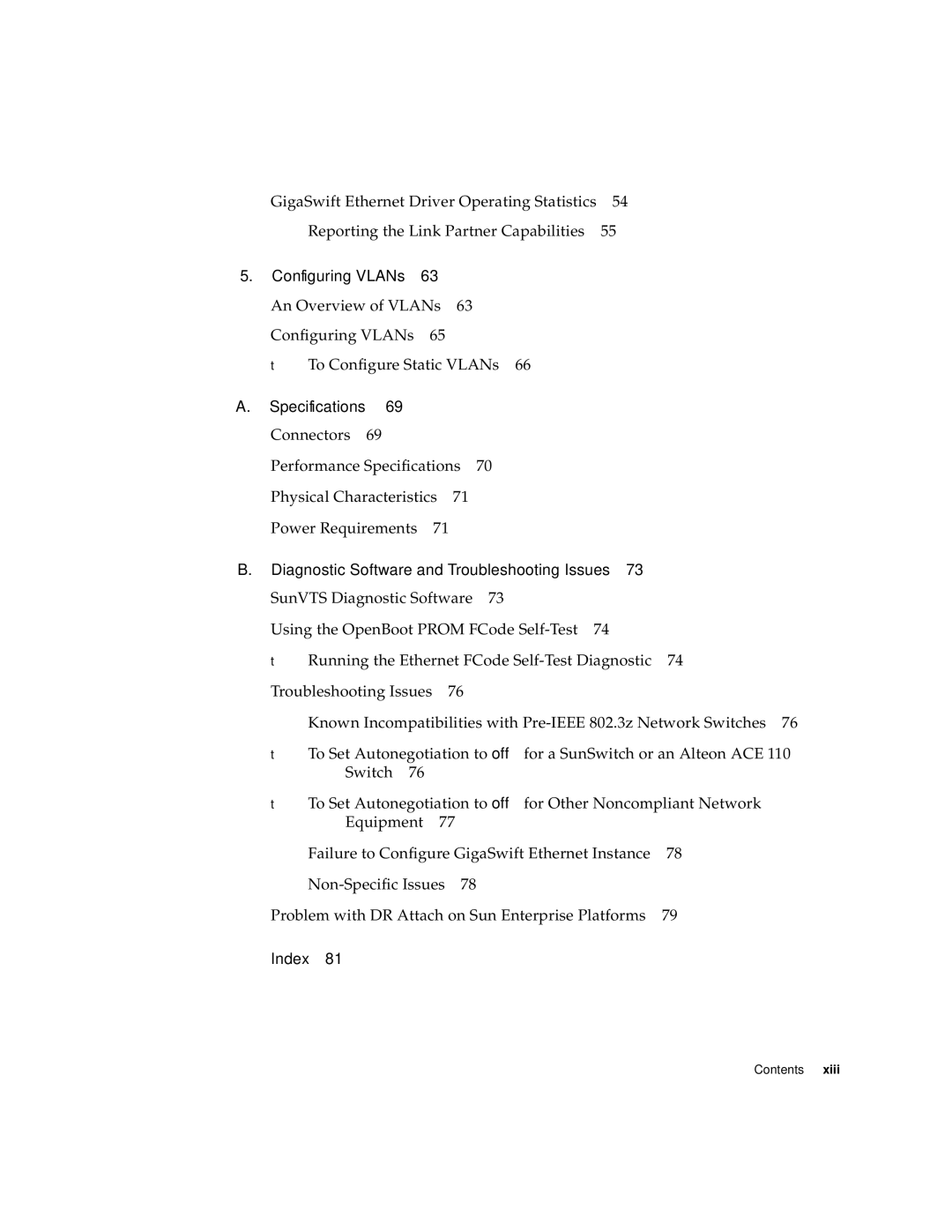 Sun Microsystems X1150A manual Configuring VLANs, Specifications, Diagnostic Software and Troubleshooting Issues, Index 