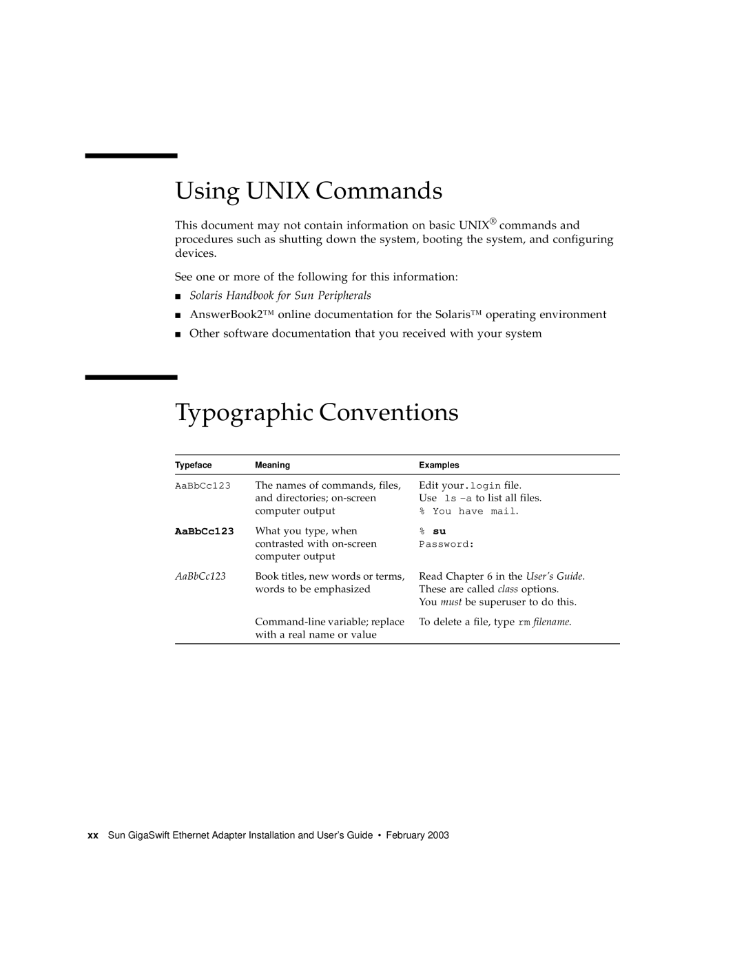 Sun Microsystems X1150A manual Using Unix Commands, Typographic Conventions 