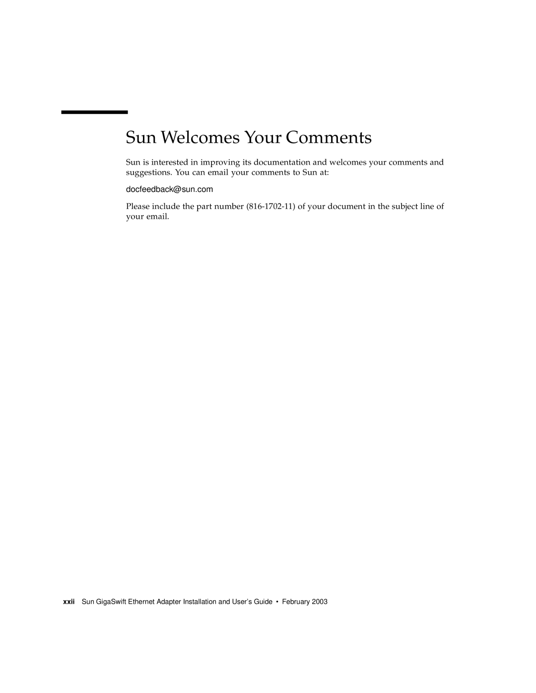 Sun Microsystems X1150A manual Sun Welcomes Your Comments 