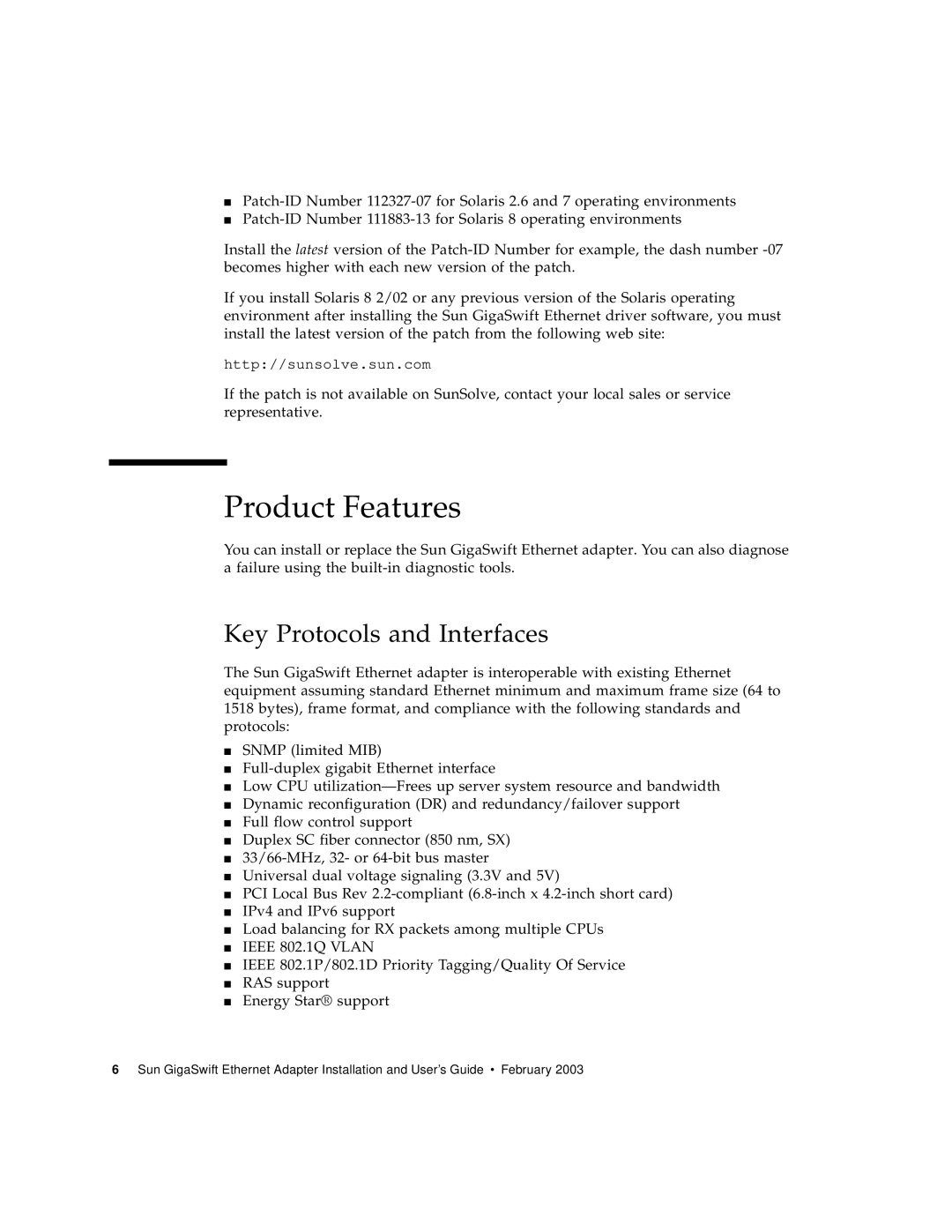 Sun Microsystems X1150A manual Product Features, Key Protocols and Interfaces 