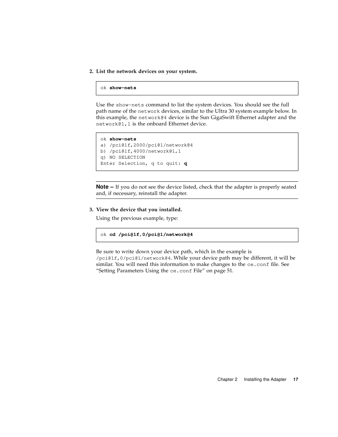 Sun Microsystems X1150A manual List the network devices on your system, Ok show-nets, Ok cd /pci@1f,0/pci@1/network@4 