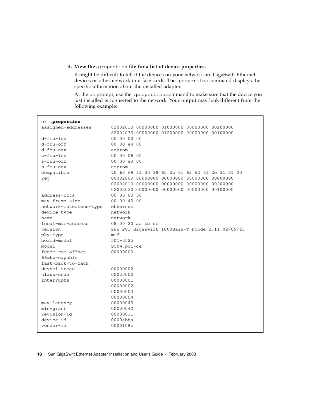 Sun Microsystems X1150A manual View the.properties file for a list of device properties, Ok .properties 