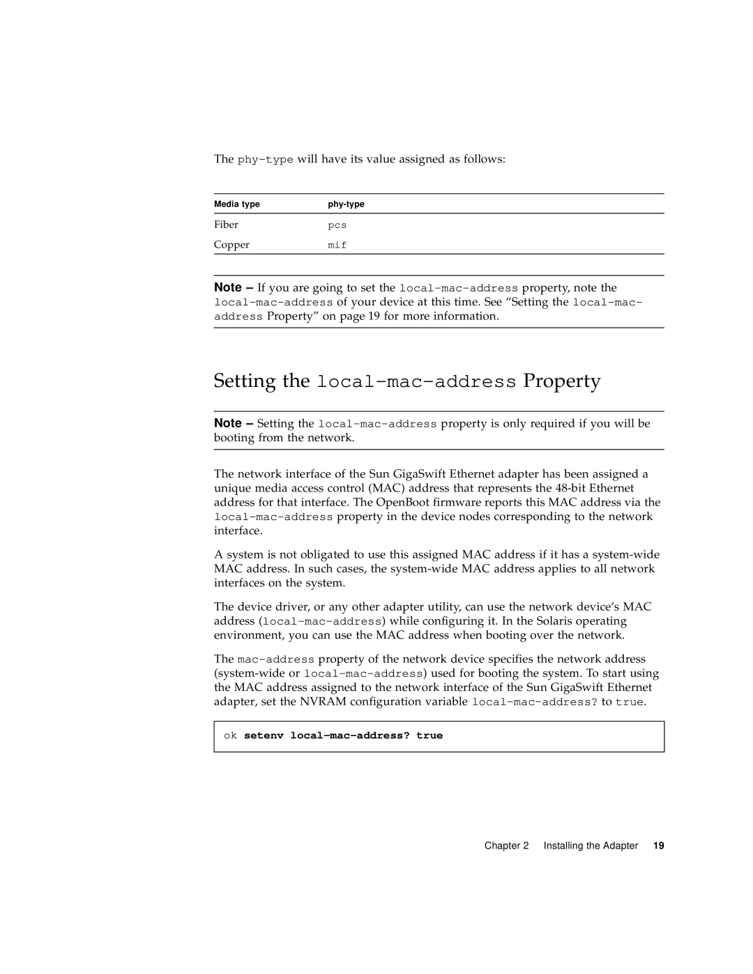 Sun Microsystems X1150A manual Setting the local-mac-addressProperty, Phy-typewill have its value assigned as follows 