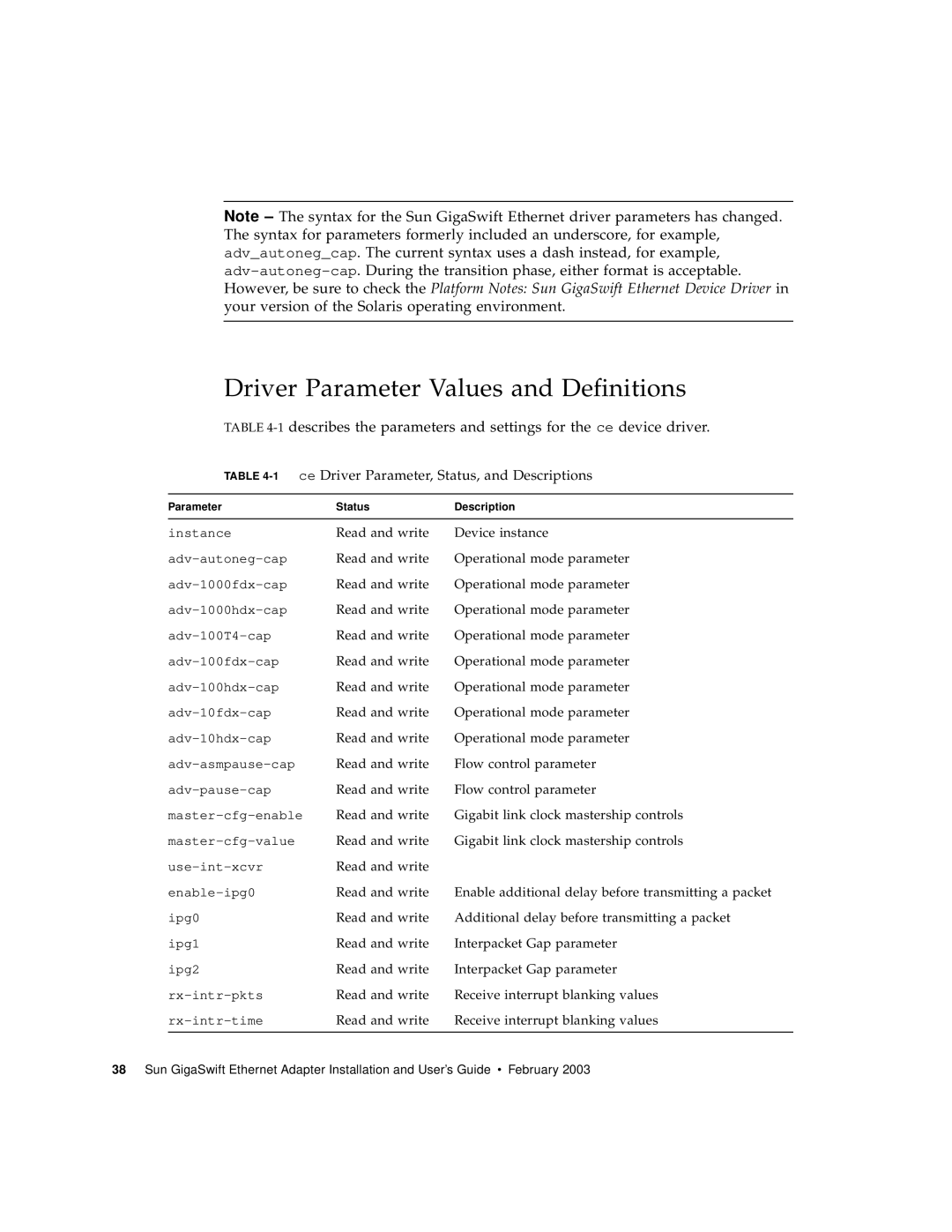 Sun Microsystems X1150A manual Driver Parameter Values and Definitions, 1ce Driver Parameter, Status, and Descriptions 