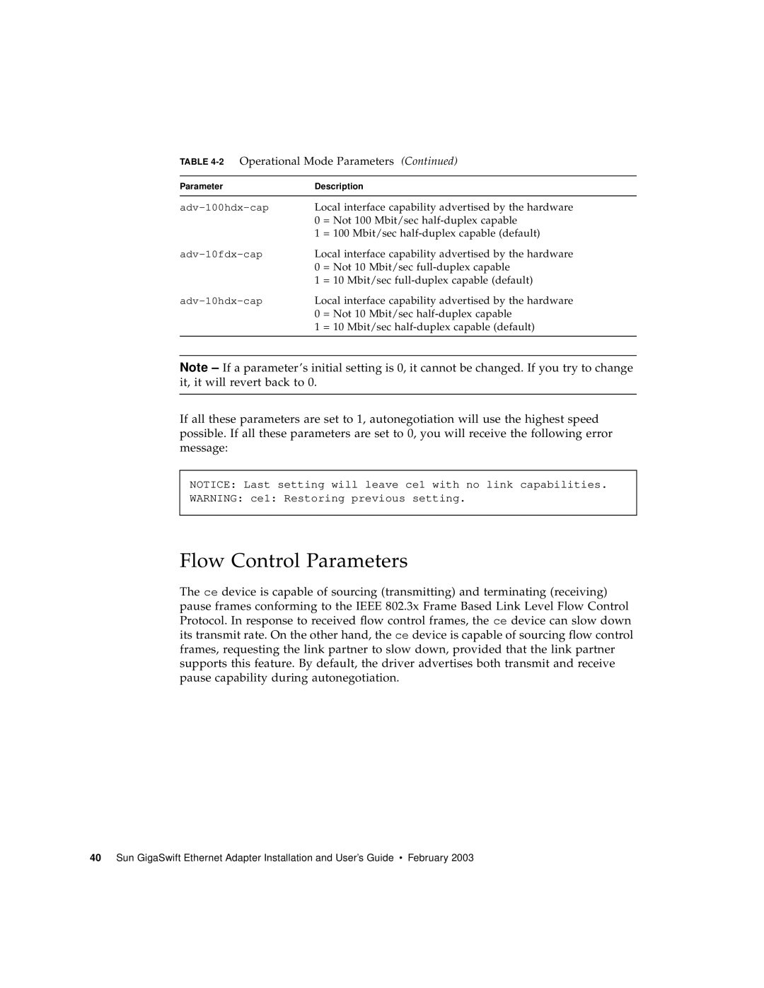 Sun Microsystems X1150A manual Flow Control Parameters, 2Operational Mode Parameters 