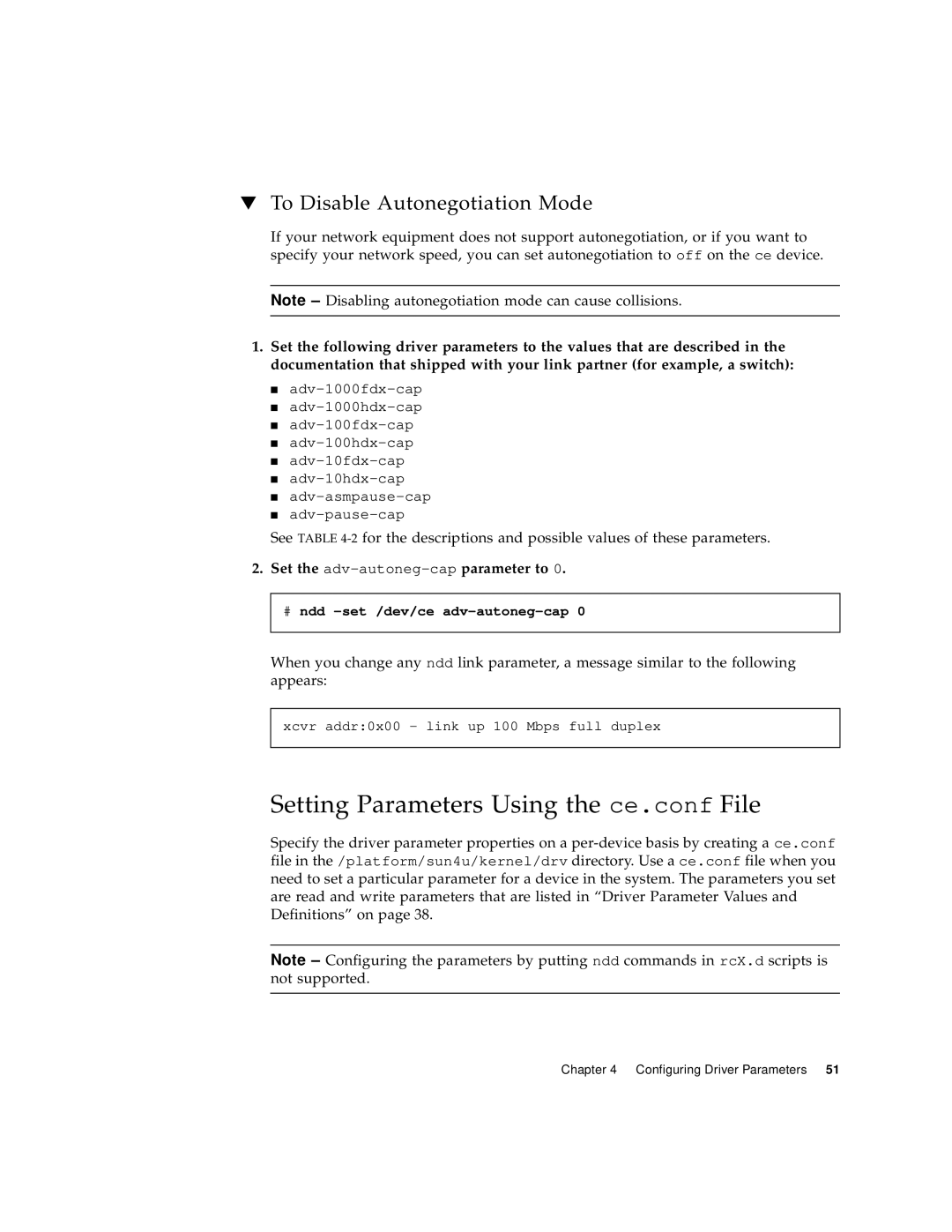 Sun Microsystems X1150A manual Setting Parameters Using the ce.conf File, Set the adv-autoneg-capparameter to 